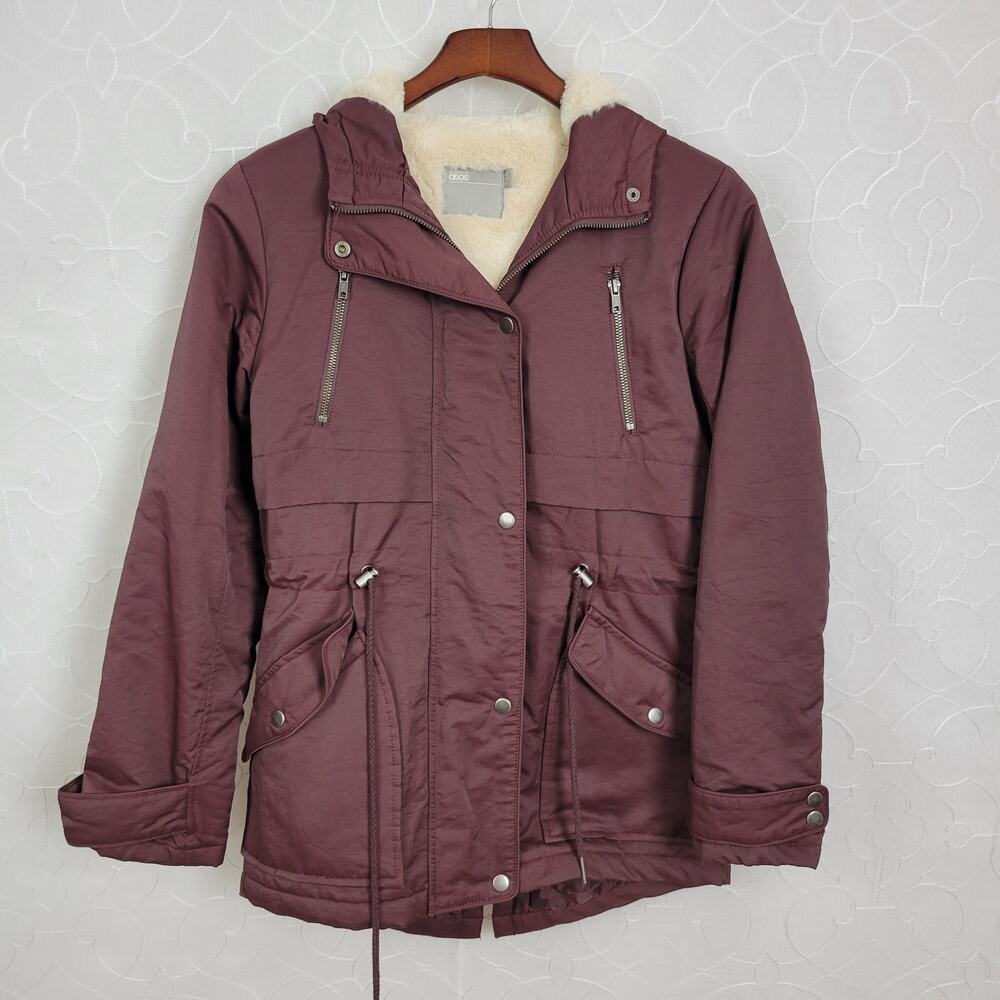 Asos Womens Coat Size 2 Purple Fleece Lined Hooded Drawstring Waist Anorak Coat